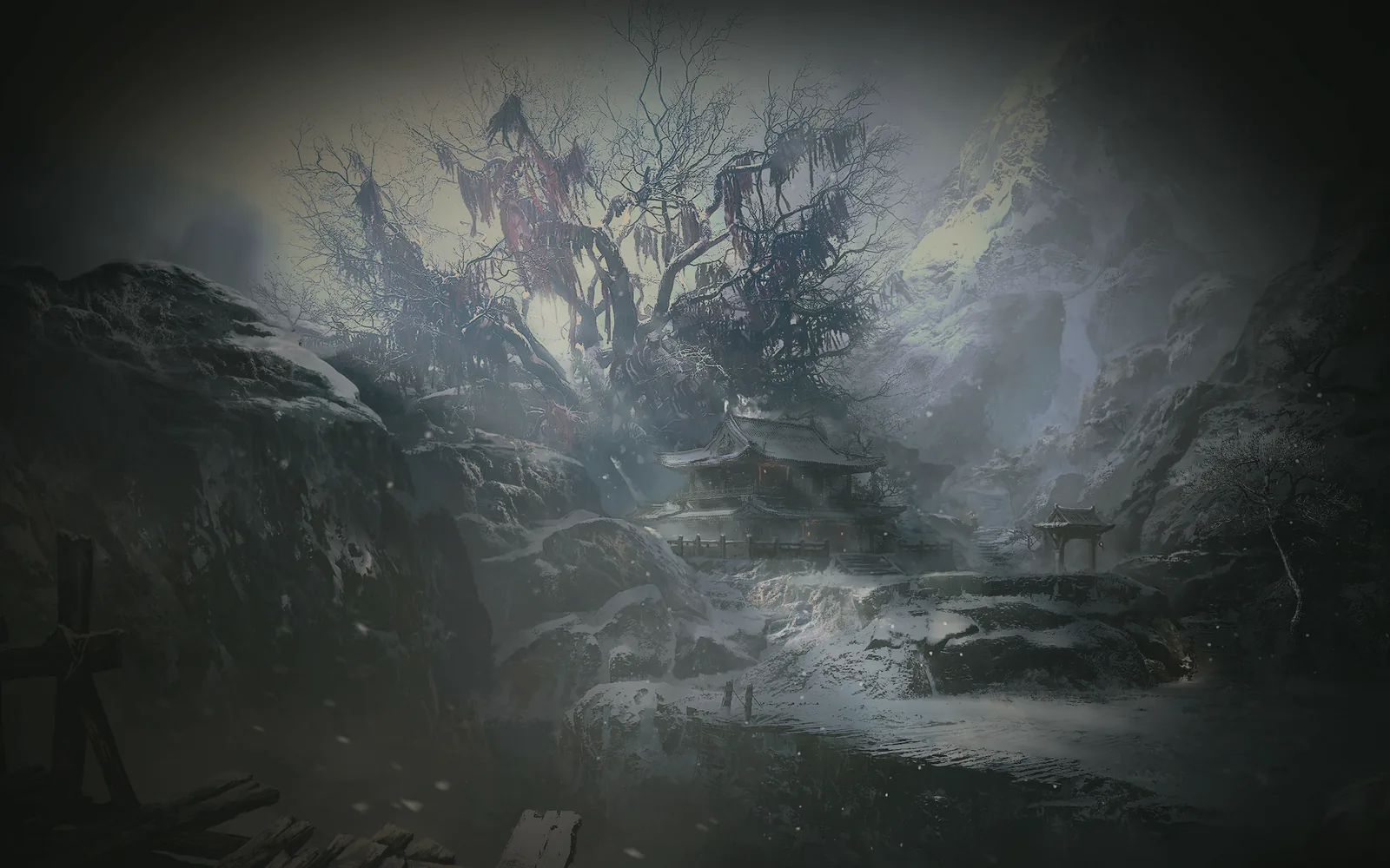 Snow on Soulrend Cliff, a bare tree hung with strips of cloth, and a small hillside shrine reached by stone steps